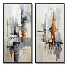 two abstract paintings, one in grey and the other in orange