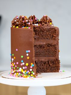 a slice of chocolate cake with sprinkles on the side and one piece missing