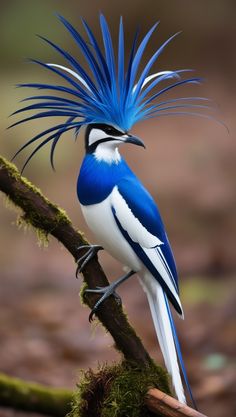 a blue and white bird with feathers on it's head sitting on a branch