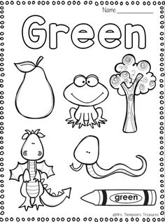 the green coloring page is shown with different things to color and write on it's side