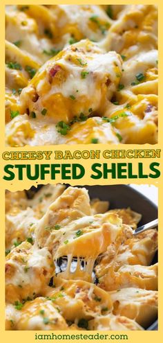 cheesy bacon chicken stuffed shells in a casserole dish with a serving spoon