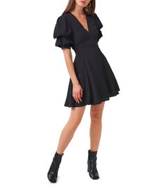 From 1. STATE&#x2C; this dress features:V-necklineShort puffed sleevesPocketsLinedBack zipper closure Approx. 35" in length PolyesterMachine wash/tumble dryImported. Bubble Sleeve Dress, Casual Wedding Guest Dresses, Contemporary Dresses, Daytime Dresses, Darling Dress, Bubble Sleeve, Midi Sheath Dress, Review Dresses, Satin Mini Dress