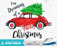 a red car with a christmas tree on the hood and lettering that says i'm dreaming