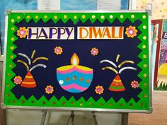 a happy diwal sign is on display in a classroom