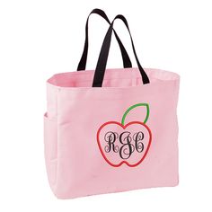 "Personalized Teacher Apple Tote Bag With Embroidered Monogram Teacher's Name This durable tote comes in a rainbow of colors and is a tremendous value. * 600 denier polyester canvas * Large main section with small interior self-fabric pockets * Exterior side pocket * Web handles * Dimensions: 12\"h x 12\"w x 6.5\"d, Approx. 936 cubic inches IMPORTANT INFORMATION *AT CHECKOUT PLEASE, PLEASE INCLUDE THE FOLLOWING INFORMATION IN THE NOTES SECTION: 1. Initials/ Names INITIALS WILL BE DONE IN THE ORD Pink Bag With Letter Embroidery For Everyday Use, Embroidered School Tote Canvas Bag, Pink Embroidered School Bag, Pink Embroidered School Bags, Embroidery Styles, Traditional Monogram, Gift Embroidery, Teacher Tote Bag, Teacher Tote