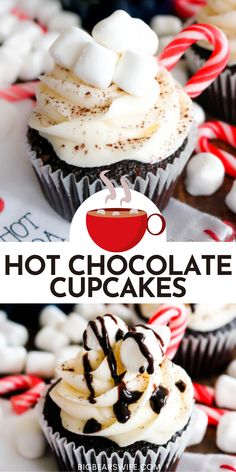 hot chocolate cupcakes with marshmallows and candy canes