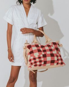 Weekender | Patchwork Gingham Weekenders Cleobella Weekender Bag With Double Leather Handles, Leather Travel Bag With Handles For Weekend Trips, Weekend Trip Tote Satchel With Leather Handles, Weekender Satchel Bag With Adjustable Handle For On-the-go, Double Handle Leather Shoulder Bag For Weekend Trips, Leather Shoulder Bag With Handles For Weekend Trips, Square Shoulder Bag With Leather Handles For Travel, Weekend Trip Duffle Bag With Double Handle, Square Travel Satchel With Adjustable Handle