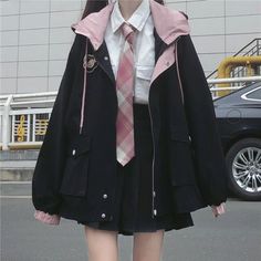 Black Cargo Jacket, Harajuku Jacket, Preppy Mode, Korean Colors, Big Size Fashion, Casual Punk, Kawaii Fashion Outfits, A Skirt, Pink Jacket