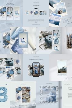 an assortment of blue and white brochures are shown