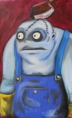 a painting of a cartoon character with a hammer on his head and blue overalls