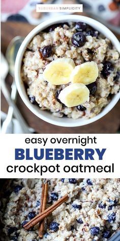 blueberry crockpot oatmeal in a bowl with cinnamon sticks on the side