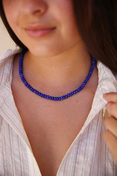 Handmade Blue Lapis beaded necklace. Handmade Lapis Lazuli Necklaces, Single Strand Lapis Lazuli Beaded Necklace As Gift, Lapis Lazuli Gemstone Beads Pearl Necklace, Lapis Lazuli Beaded Necklaces For Gift, Pearl Necklace With Lapis Lazuli Gemstone Beads, Elegant Blue Hand-strung Beaded Necklaces, Lapis Lazuli Single Strand Beads For Gifts, Single Strand Lapis Lazuli Beads For Gift, Blue Beaded Rondelle Necklaces