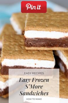 easy frozen s'more sandwiches recipe on a plate with text overlay that reads pin it