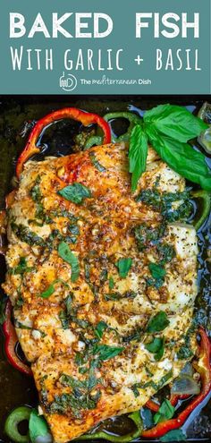 baked fish with garlic and basil in a skillet