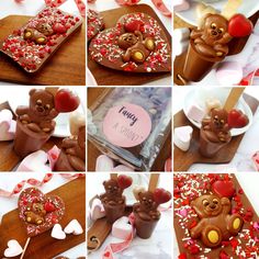 there are many pictures of chocolates with hearts and teddy bears on the top one is for valentine's day