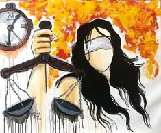 a drawing of a woman holding a scale with a clock in the background and blood dripping from her face