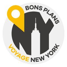 the logo for bons plans voyage new york, with a map pin in the center