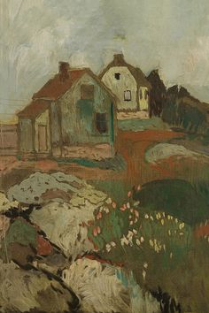 a painting of a house on a hill with flowers in the foreground and rocks in the foreground