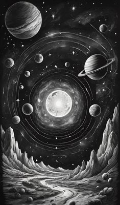 the solar system in black and white, with planets around it's star field