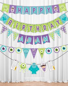 a birthday banner with monsters on it and the words happy birthday adam written in purple, green