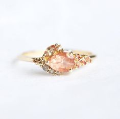 Tangled Wedding, Sapphire Cluster Ring, Sunstone Ring, Oregon Sunstone, Peach Sapphire, Flawless Diamond, Cluster Engagement Ring, Peach Wedding, Peach Rings