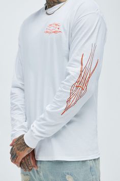 Available In White. Crew Neck Long Sleeve Screen Print 100% Cotton Disclaimer: Due To The Printing Process A Difference In Saturation May Occur. Each Garment Is Unique. Print Placement Will Vary. Imported | Mens Chevy Pinstripes Long Sleeve Tee Shirt in White size Large by Fashion Nova White Long Sleeve T-shirt With Contrast Stripes, White Crew Neck Top With Striped Sleeves, White Crew Neck T-shirt With Striped Sleeves, Relaxed Fit White Tops With Striped Sleeves, White Tops With Striped Sleeves Relaxed Fit, White Shirt With Contrast Stripes For Spring, Crew Neck Top With Striped Sleeves For Streetwear, White Long Sleeve T-shirt With Striped Sleeves, Relaxed Fit Pinstripe Cotton Tops