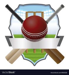 a cricket ball and bats with a banner