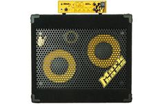 an amp with yellow and black designs on the front, sitting in front of a white background