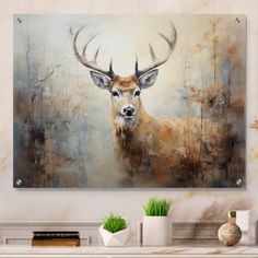 a painting of a deer with large antlers on it's head is shown