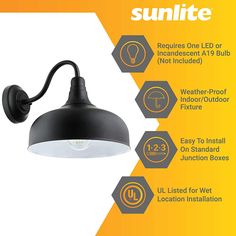 the sunlite outdoor wall light is shown with instructions to install and maintain it's lighting