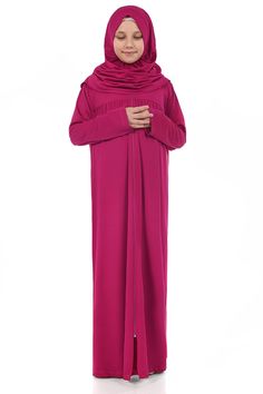 This page contains Lux Kids Prayer Dress, Islamic Kid Hijab, Fuchsia Abaya products. You can also find Muslim Kids Clothing, Girls Prayer Clothes, Kids Khimar and Girls Jilbab varieties in many colors, and browse for Kid Jalabiya models. Fuchsia Kids Prayer Dress Color: Fuchsia Fabric Feature: Made of flexible, lycra and non-wrinkle fabric. It can be used in 4 seasons. Product Features: Our children's prayer dress model is a single piece with a headscarf that covers the neck and shoulders. It is Long Sleeve Pink Khimar For Eid, Modest Pink Abaya For Eid, Pink Long Sleeve Abaya For Eid, Kids Abaya, Prayer Clothes, Kids Prayer, Baby Hijab, Prayer Dress, Prayers For Children