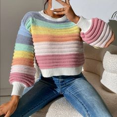 Multicolor Ribbed Sweater For Spring, Trendy Multicolor Ribbed Sweater, Multicolor Soft Knit Acrylic Tops, Casual Pink Acrylic Tops, Multicolor Acrylic Tops For Spring, Pastel Sweater, Lantern Sleeve Sweater, Rainbow Outfit, Rainbow Sweater