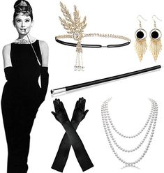 a woman in black dress and accessories including gloves, necklaces, earrings and hair comb