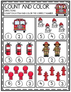 the fireman worksheet is shown with instructions to teach children how to count and color