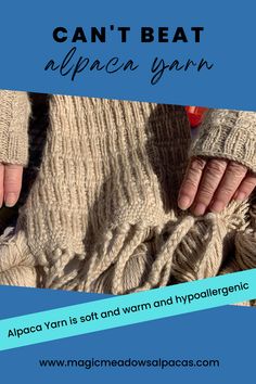 two hands in knitted mittens with text that reads can't beat alpen yarn