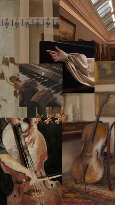 a collage of paintings and music instruments