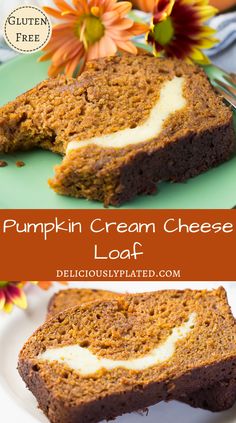 pumpkin cream cheese loaf on a plate with flowers in the background and text overlay