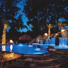 an outdoor swimming pool surrounded by palm trees and lit up with christmas lights at night