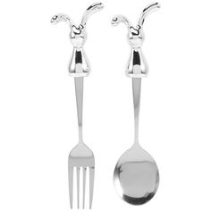 two silver spoons and fork with handles