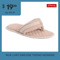 Pamper your feet by picking up a pair of our Muk Luks Darlene Thong slippers. The memory foam insole will give your feet the soft and added comfort they deserve. The design allows for added flexibility and still having the slip on convenience.Features: Memory FoamBase Material: 100% PolyesterUpper/Outer Base Material: 100% PolyesterShoe Lining Material: PolyesterSole Material Content: 100% Thermoplastic-RubberCare: Machine WashCountry of Origin: Imported Slippers Brown, Memory Foam, Slippers, Slip On, Design