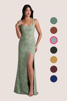 a woman in a green dress standing next to color swatches and the image shows her legs