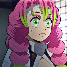 an anime character with pink hair and green eyes