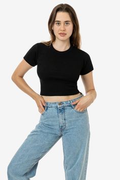 4325 - Baby Rib Short Sleeve Crop Tee – Los Angeles Apparel Ribbed Shorts, Loose Fit Jeans, Long Torso, Cotton Baby, Baby Tee, Crop Tee, Favorite Shirts, Cotton Style, Fashion Tees