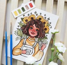 a drawing of a girl with sunflowers on her head and holding a paintbrush