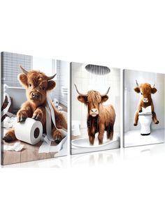 three pictures of cows in a bathroom with toilet paper