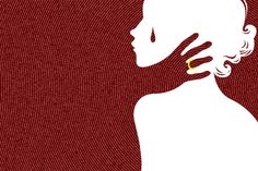 the silhouette of a woman with a ring on her neck, against a red background