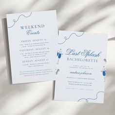 two wedding cards with wine glasses on them