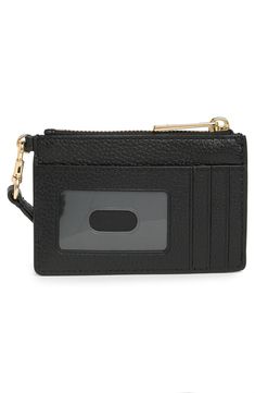 A wrist strap allows you to wear this leather pouch and keep your essential cards and cash at hand. 5.12" x 0.2" x 3.54" Zip top closure Wrist strap Leather exterior/textile lining Imported Black Rectangular Wristlet With Card Slots, Black Wristlet With Zipper For Everyday Use, Black Wallets With Wrist Strap For Everyday Use, Everyday Black Wristlet With Zipper, Black Wallets With Zipper Closure For On-the-go, Black Wristlet With Card Slots For Daily Use, Black Wristlet With Card Slots For Everyday Use, Marc Jacobs Bag, Leather Wristlet