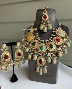 Jaislmer special Bridal Multicolor carved Statement Necklace set. Elegant Multicolor Necklaces For Ceremonial Occasions, Elegant Heavy Multicolor Temple Necklace, Elegant Heavy Multicolor Necklace, Elegant Multicolor Heavy Necklace, Ceremonial Multicolor Hand Set Bridal Necklace, Designer Multicolor Jewelry For Weddings, Traditional Carved Wedding Jewelry, Multicolor Hand-set Jewelry For Ceremonial Occasions, Designer Handmade Wedding Jewelry