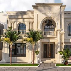 this is an artist's rendering of a luxury home with palm trees in front